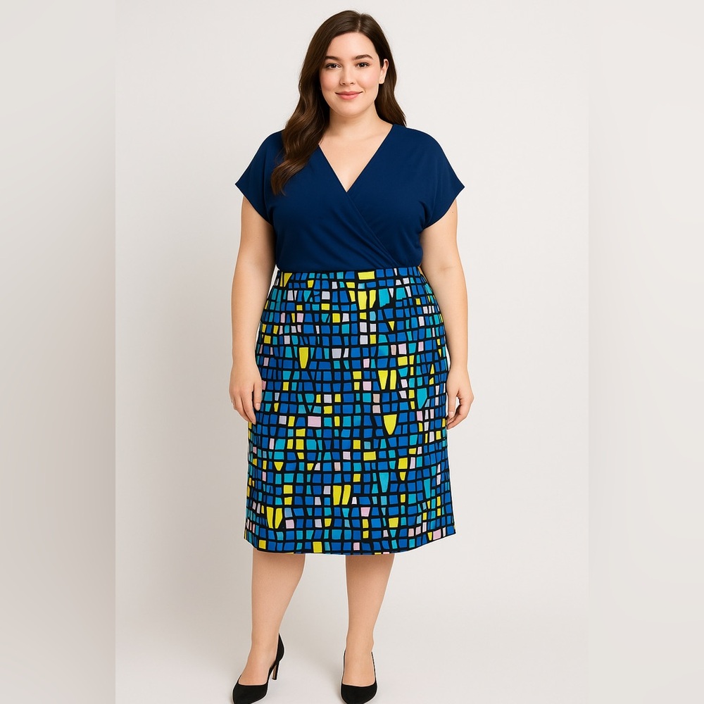 Leota USA-made blue yellow dolman sleeve wrap dress,‎ size 3L